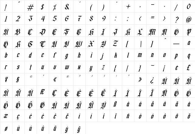 California sun Italic Regular  glyph index