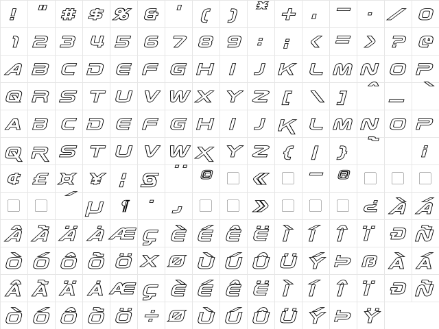 Zebulon Hollow Italic  glyph index