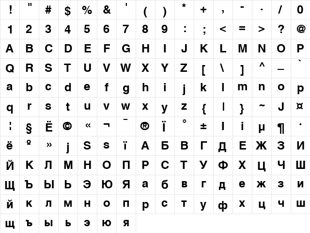 AGHelveticaCyr Bold  glyph index