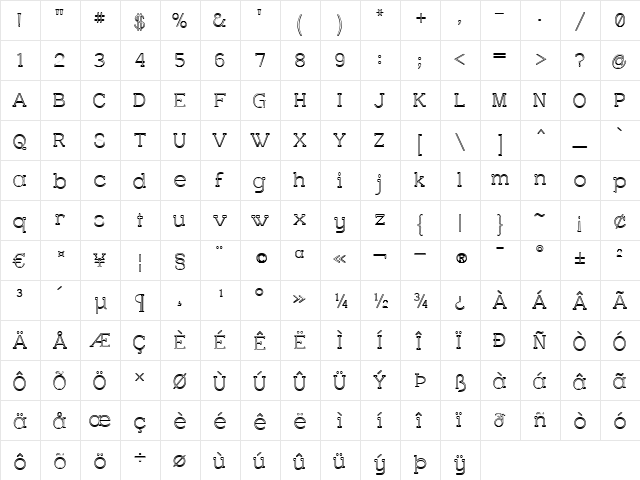 Charrington Outer Regular  glyph index