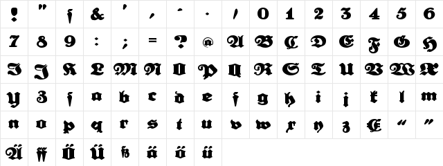 Urdeutsch Regular  glyph index