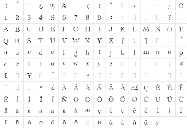 Academy Engraved Plain  glyph index