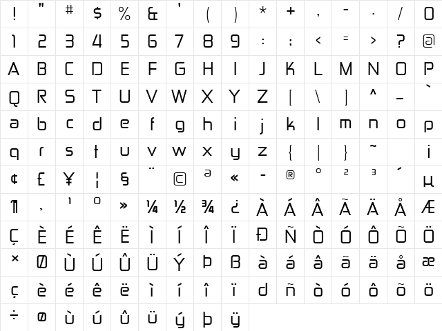 Zekton Rg Regular  glyph index