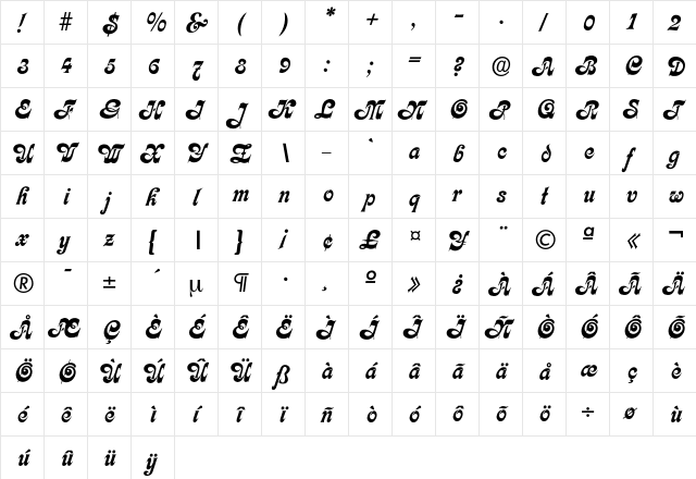 Calligraphia Regular  glyph index