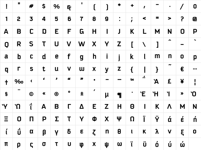 Kautiva Greek Bold Regular  glyph index