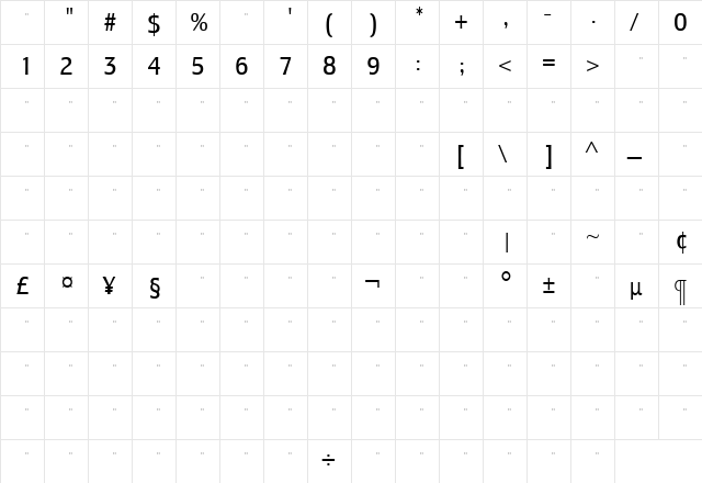 LesmoreBookCondensedTab Roman  glyph index