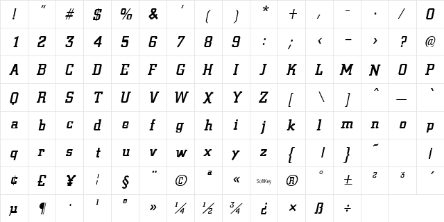 Civic Bold Italic  glyph index