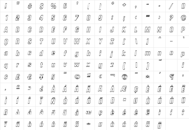 SeanBeckerOutline-ExtraBold Italic  glyph index