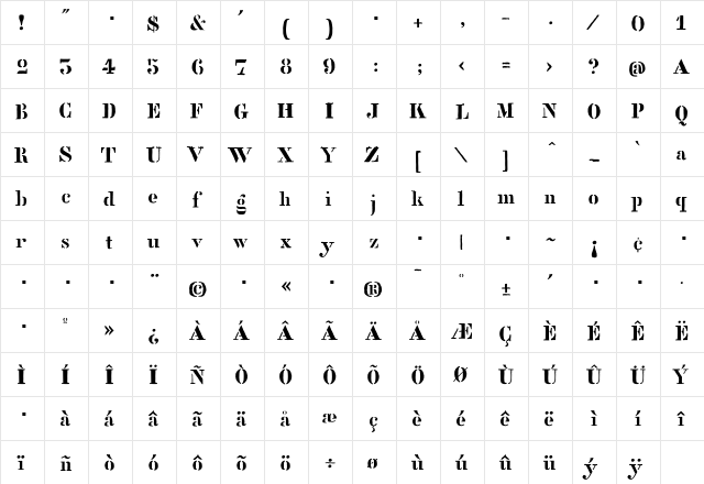 StencilFull Regular  glyph index