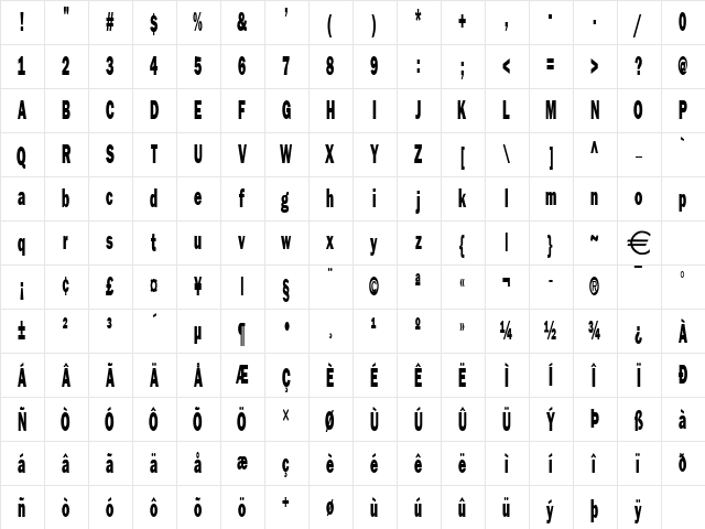 FrancisGothicThin Normal  glyph index