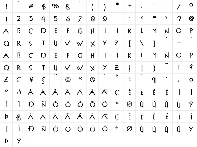 P22FLLWExhibition Bold  glyph index