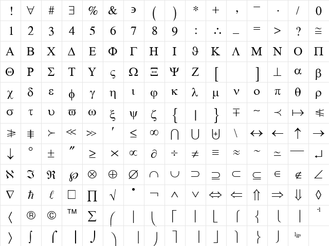 TkMath Regular  glyph index