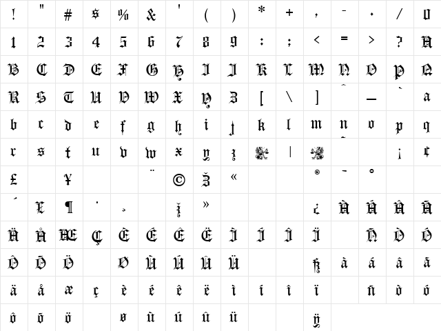 Gutenberg Gothic Regular  glyph index