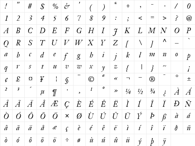 JansonSSK Italic  glyph index