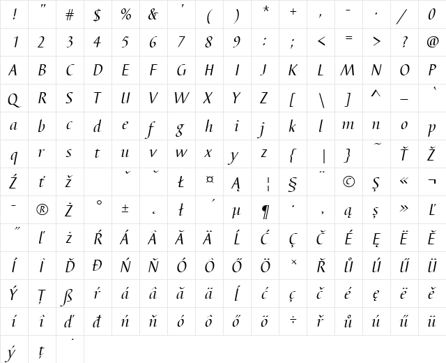 BarbedorTEE Italic  glyph index