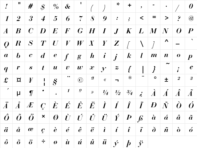 BauerBodoniEF MediumItalic  glyph index