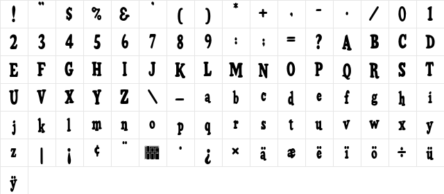 HFF Pure Vain Regular  glyph index