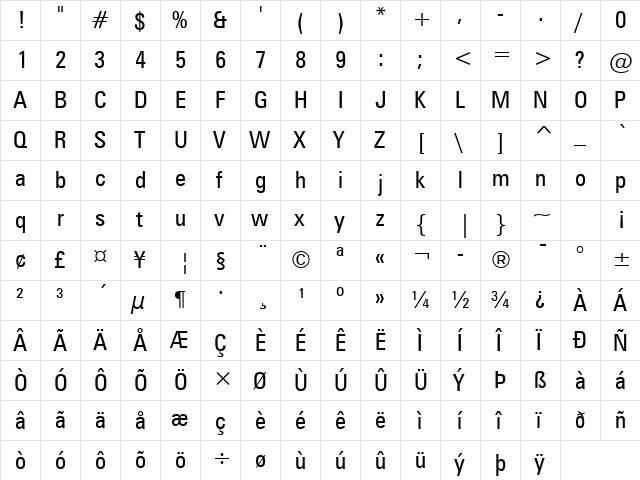 Zurich Regular  glyph index