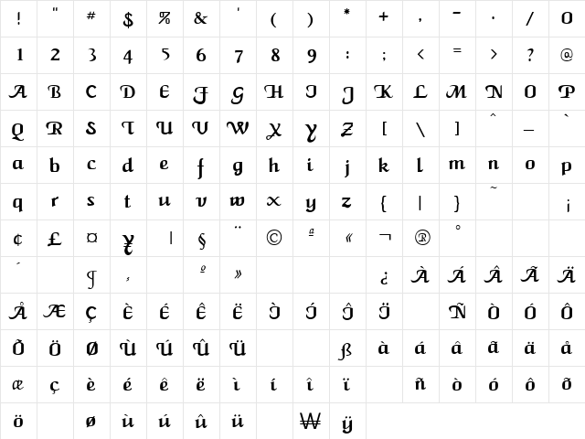 New Calligraph Regular  glyph index