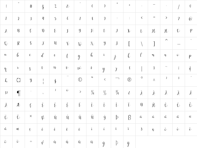 Amelisa Regular  glyph index