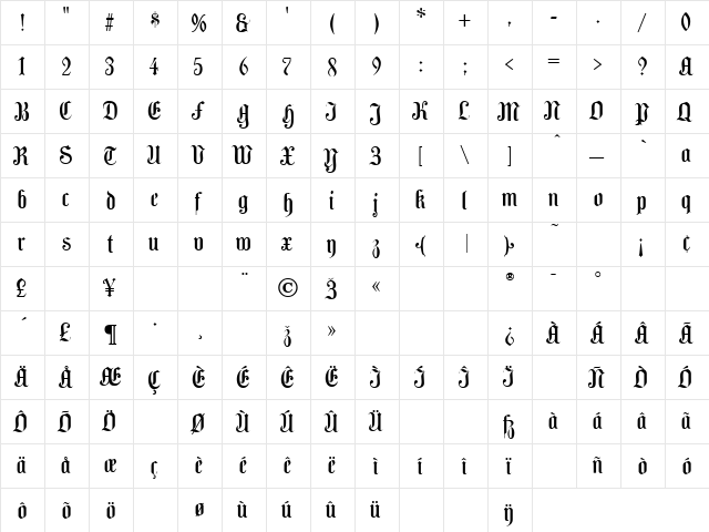 Camden Text Regular  glyph index