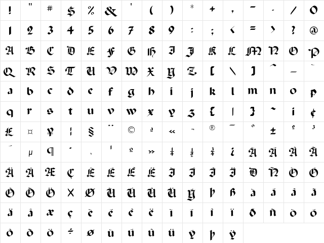 PaladinFLF Regular  glyph index