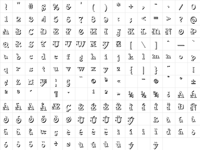 MedievalGunslingerShadow Regular  glyph index