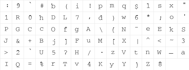 SecretCode Regular  glyph index