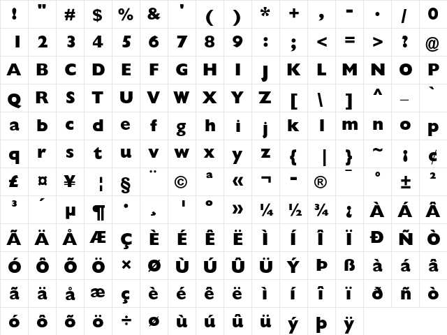 Gill Sans Extra Bold  glyph index