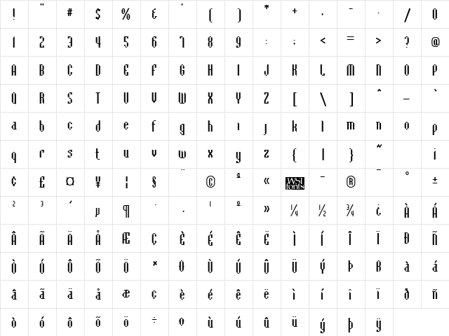 BaccusBevel Regular  glyph index
