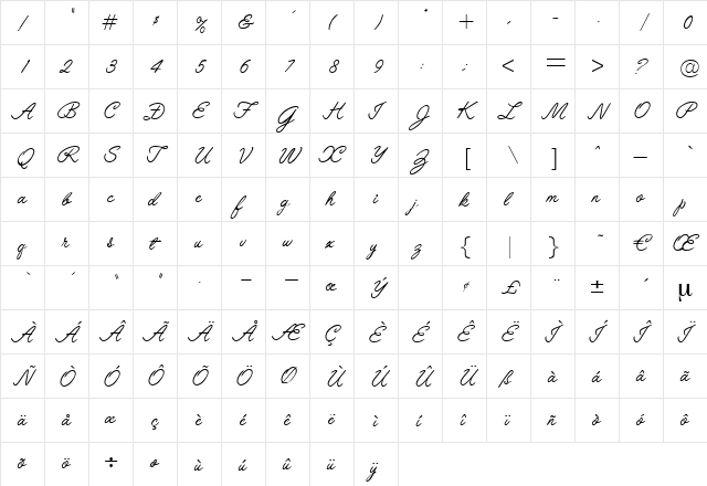 DanielScript Regular  glyph index