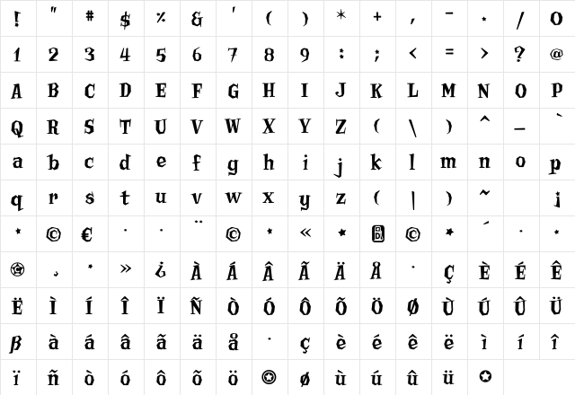 Billsville Regular  glyph index