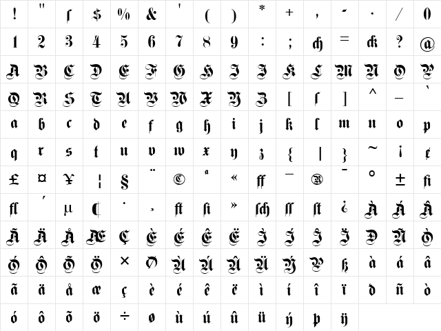 DS Fette Kanzlei Regular  glyph index