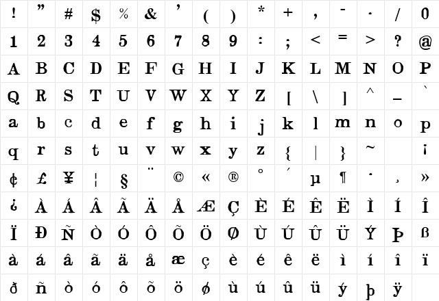 Judges Regular  glyph index