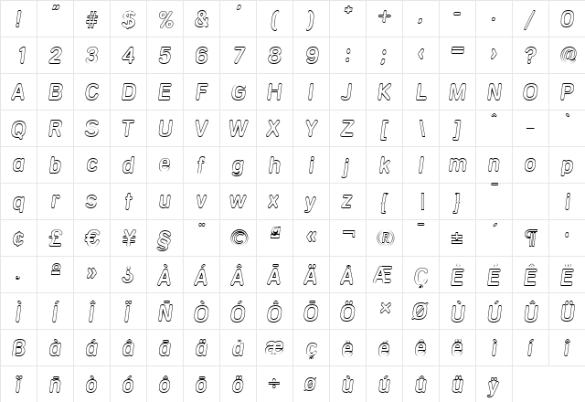 AndreasBeckerOutline Italic  glyph index