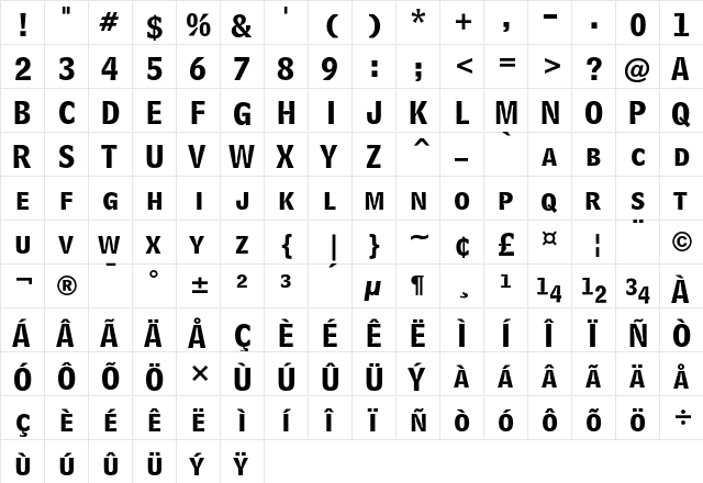 Bell Centennial Bold Listing  glyph index