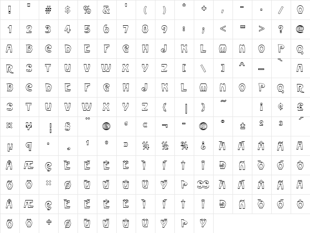 Metropolitaines Becker Outline Regular  glyph index