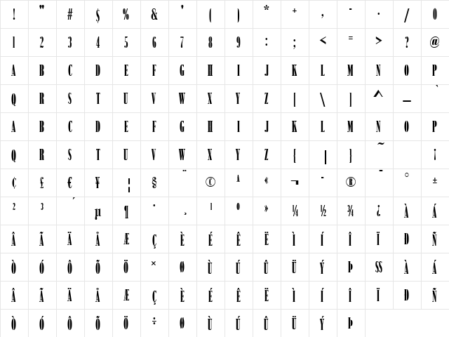 Bodoni-No2-Narrow-Ultra Regular  glyph index