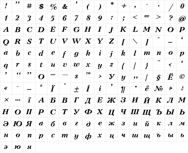 Kudrashov Bold Italic  glyph index