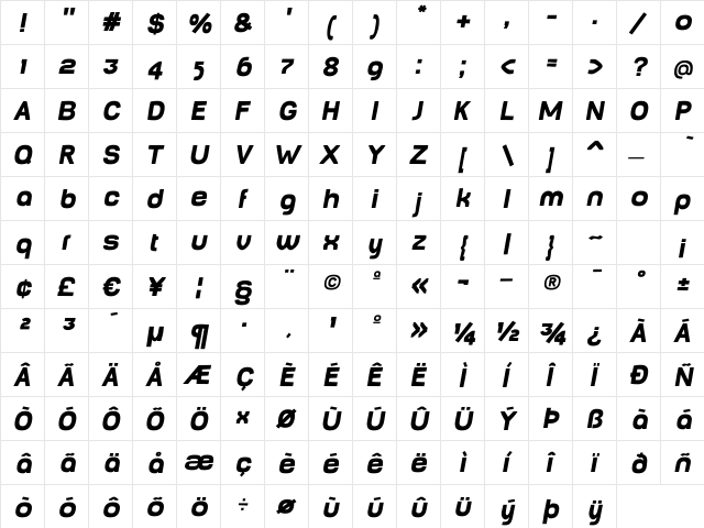 Baby MineFat Oblique Regular  glyph index