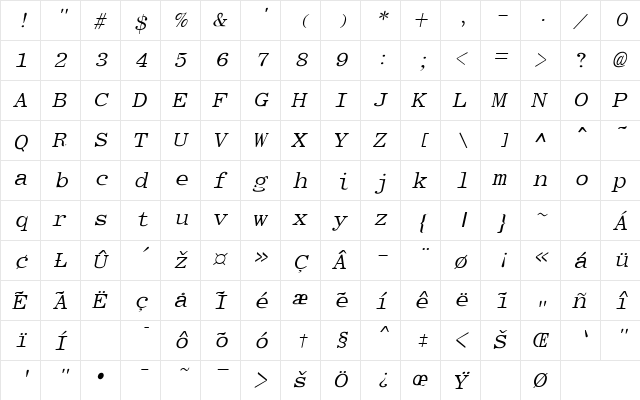 Elite-Italic Italic  glyph index