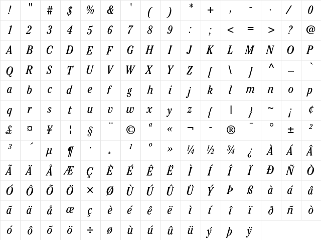 ITC Cheltenham Book Condensed Italic  glyph index