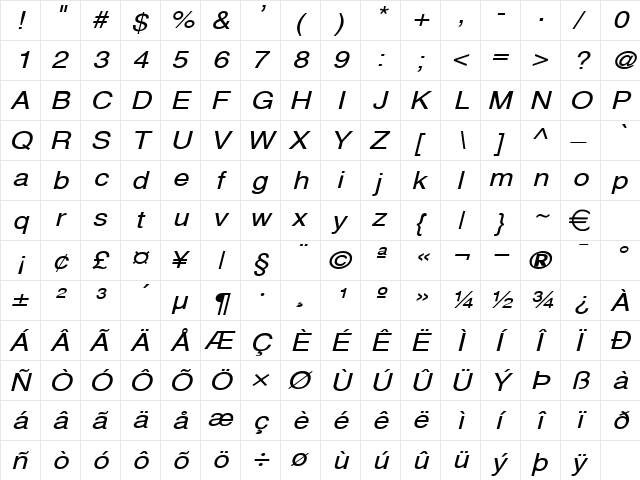 AlpsWide Italic  glyph index