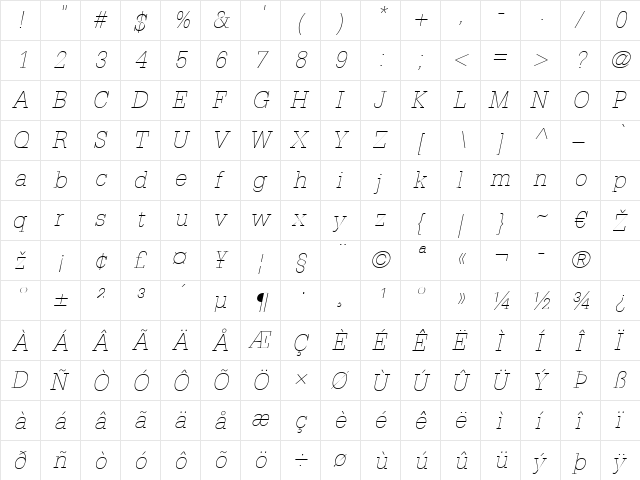 Glypha LT Thin Italic  glyph index