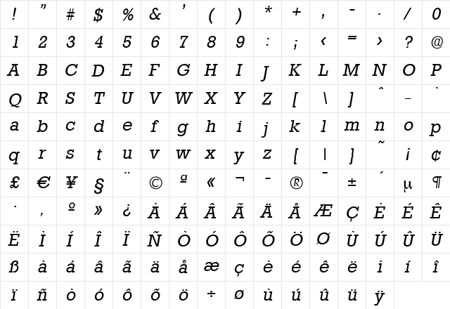 EugeneBecker Italic  glyph index