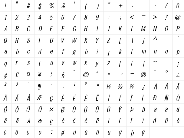 CommerceCondSSK Italic  glyph index