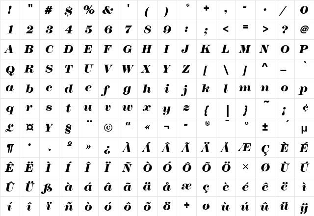 ModernTwoSixtnMdITC Bold Italic  glyph index