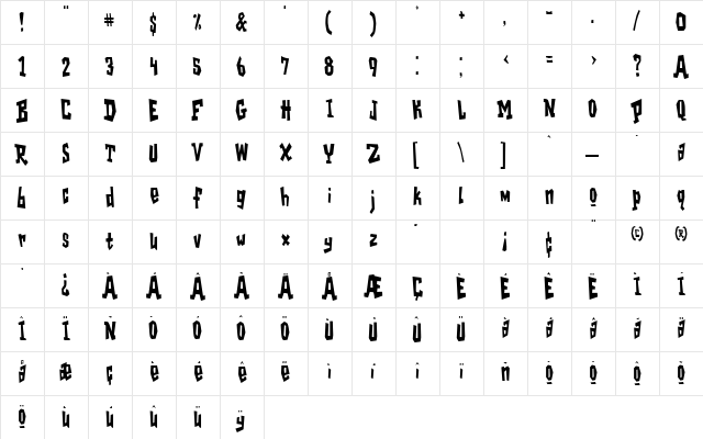 GarageShockCondensed Regular  glyph index