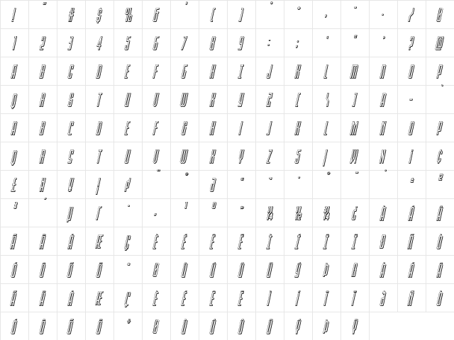 Blue Cobra 3D Italic Regular  glyph index