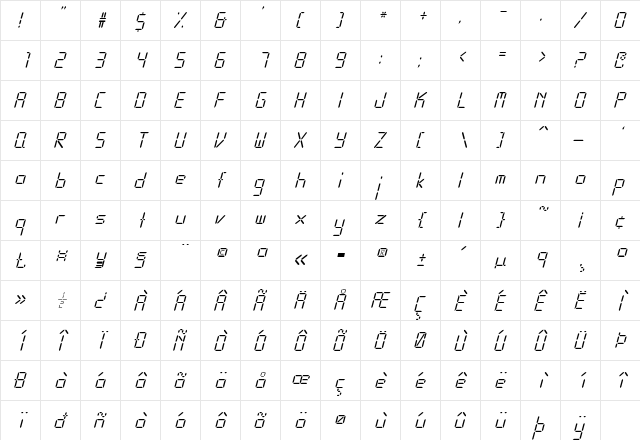 Calculator Italic  glyph index